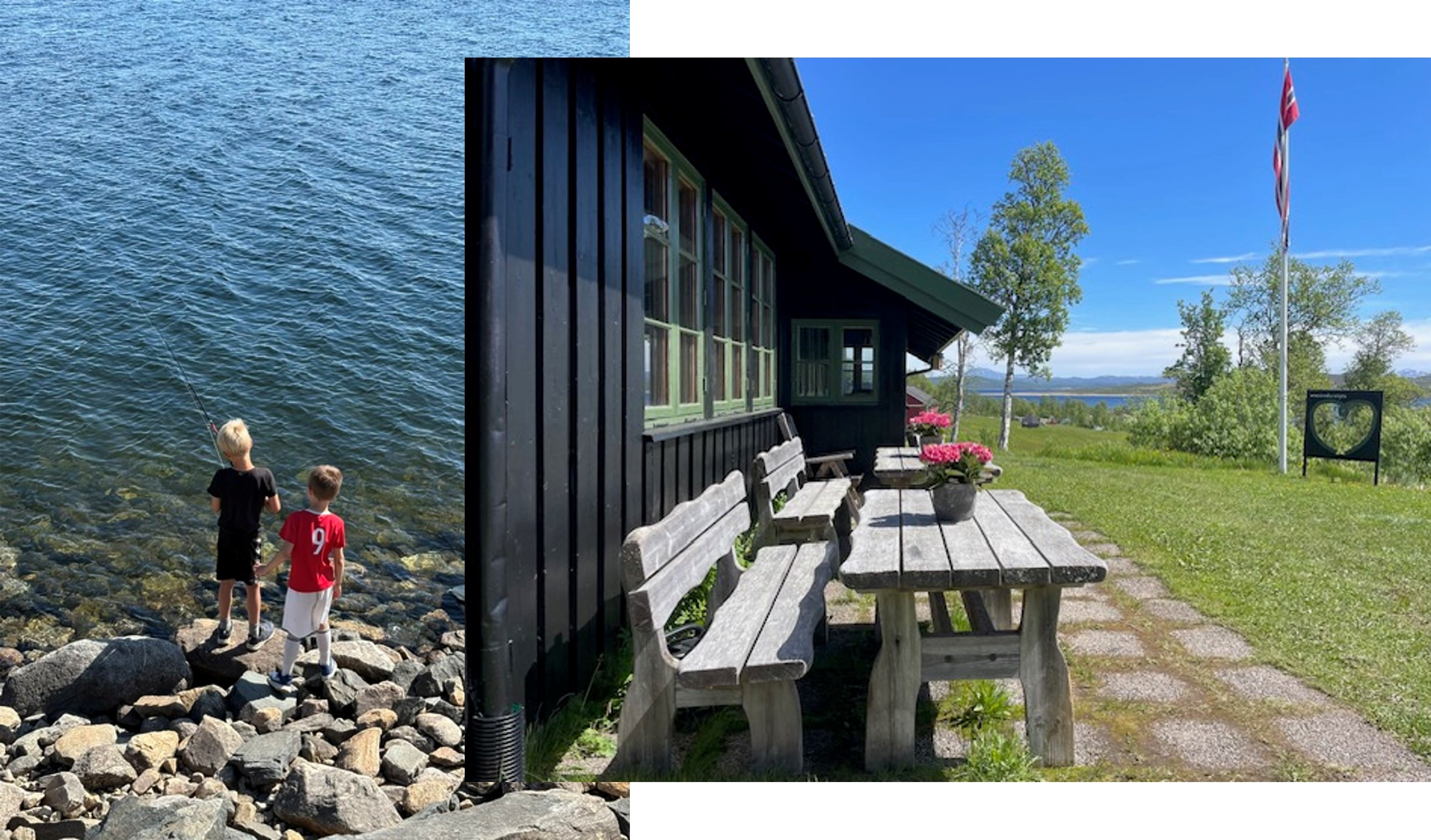 gutter som fisker fra Møsstrond, hyggelig sommerbilde av utsiden